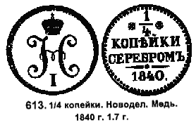 монета 1/4 копейки. 1840 г